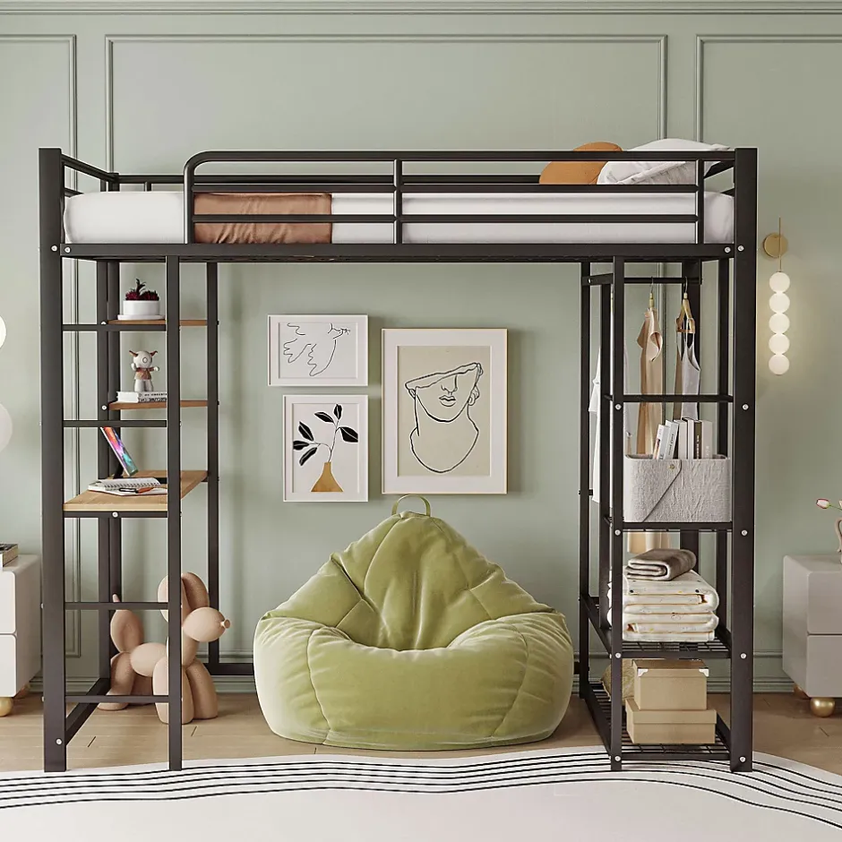 Urban Meuble Lit mezzanine métallique avec bureau, étagères et espace rangement Sale