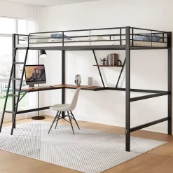 Urban Meuble Lit mezzanine métallique noir avec bureau en L et étagère 90x200cm New