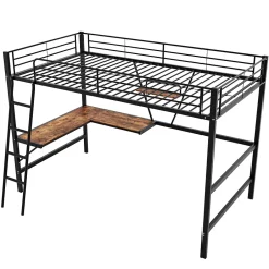 Urban Meuble Lit mezzanine métallique noir avec bureau en L et étagère 90x200cm New
