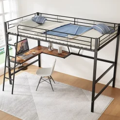Urban Meuble Lit mezzanine métallique noir avec bureau en L et étagère 90x200cm New