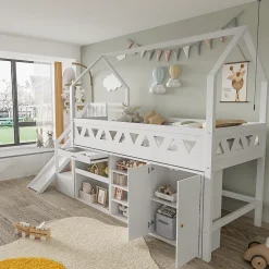 ModernLuxe Lit mezzanine multifonctionnel 90x200 cm en bois et MDF - avec toboggan, escalier et casiers - Blanc(sans matelas) Online