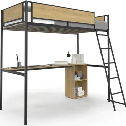 IDMarket Lit mezzanine simple DETROIT avec bureau et rangements 90 x 190 cm design industriel Discount