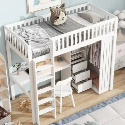 Okwish Lit Mezzanine Simple 90x200 cm - En Bois, Avec Bureau et Armoire, Escalier avec Rangements Intégrés - Sans Matelas - Blanc
