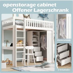 Okwish Lit Mezzanine Simple 90x200 cm - En Bois, Avec Bureau et Armoire, Escalier avec Rangements Intégrés - Sans Matelas - Blanc