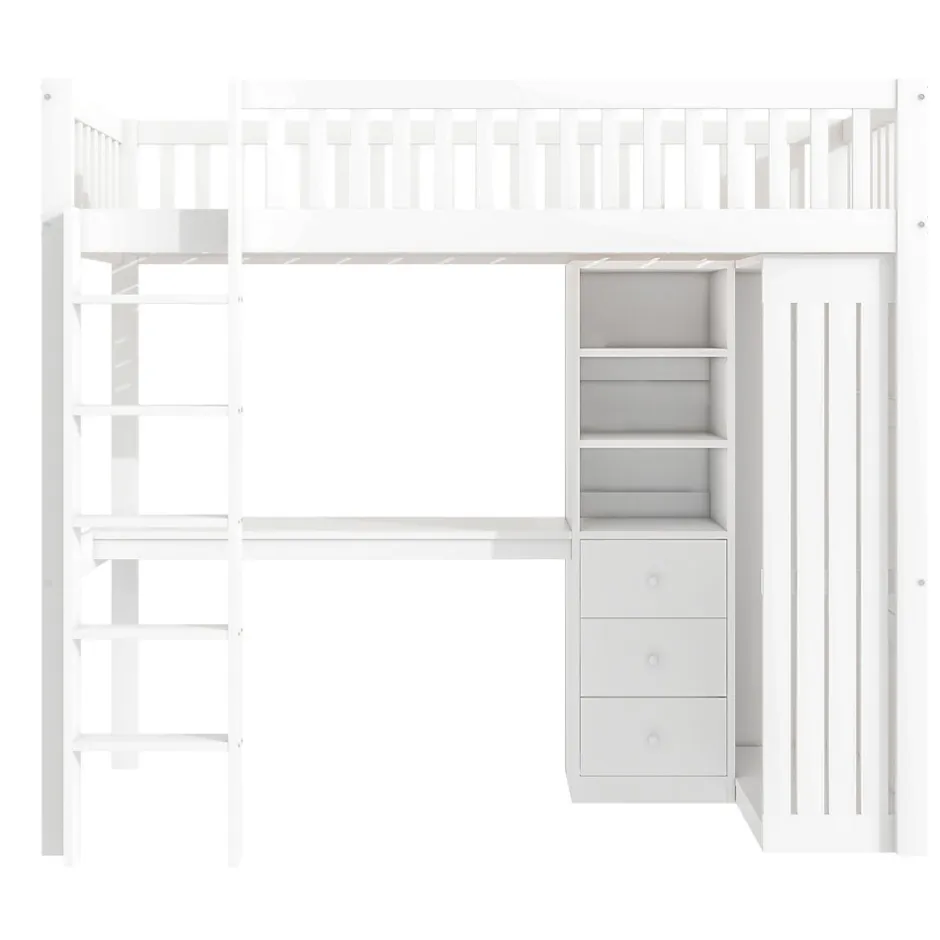 Okwish Lit Mezzanine Simple 90x200 cm - En Bois, Avec Bureau et Armoire, Escalier avec Rangements Intégrés - Sans Matelas - Blanc