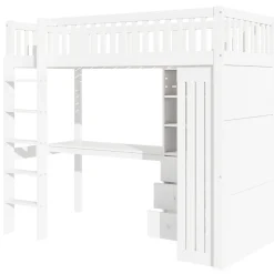 Okwish Lit Mezzanine Simple 90x200 cm - En Bois, Avec Bureau et Armoire, Escalier avec Rangements Intégrés - Sans Matelas - Blanc