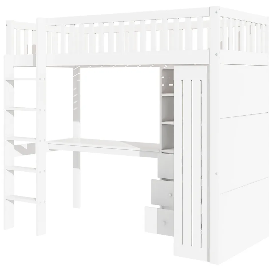 Okwish Lit Mezzanine Simple 90x200 cm - En Bois, Avec Bureau et Armoire, Escalier avec Rangements Intégrés - Sans Matelas - Blanc