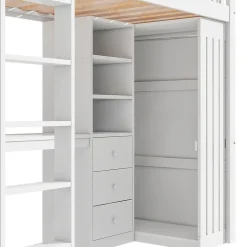 Okwish Lit Mezzanine Simple 90x200 cm - En Bois, Avec Bureau et Armoire, Escalier avec Rangements Intégrés - Sans Matelas - Blanc