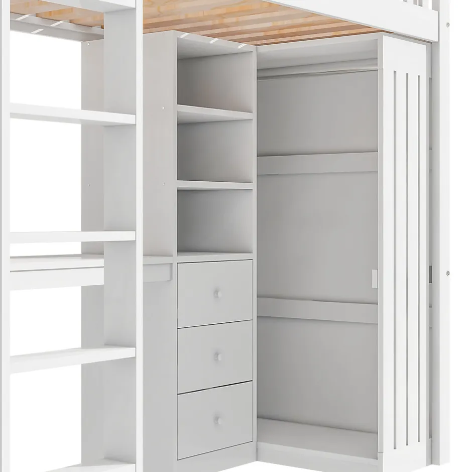 Okwish Lit Mezzanine Simple 90x200 cm - En Bois, Avec Bureau et Armoire, Escalier avec Rangements Intégrés - Sans Matelas - Blanc