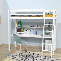Weber Industries Lit mezzanine STUDIO 90x190 + 1 sommier + caisson 3 tiroirs + bureau + étagère / Blanc New