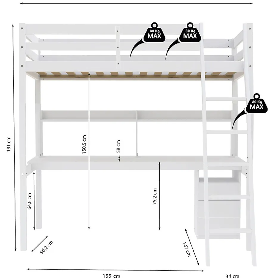 Weber Industries Lit mezzanine STUDIO 90x190 + 1 sommier + caisson 3 tiroirs + bureau + étagère / Blanc New
