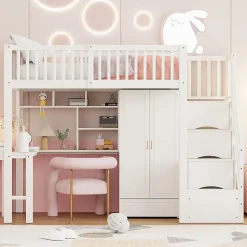 Okwish Lit Mezzanine 90x200 - Lit Enfant avec Bureau, Armoire et Rangements Intégrés, Design Pratique et Moderne, Bois Blanc Sale