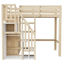 Okwish Lit Mezzanine 90x200 cm - avec Échelle Sécurisée, Rangement Intégré et Armoire - Bois Massif Naturel, Sans Matelas, Naturel Best