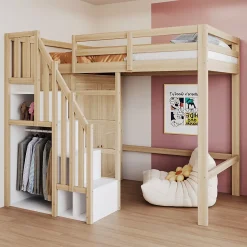 Okwish Lit Mezzanine 90x200 cm - avec Échelle Sécurisée, Rangement Intégré et Armoire - Bois Massif Naturel, Sans Matelas, Naturel Best