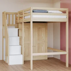 Okwish Lit Mezzanine 90x200 cm - avec Échelle Sécurisée, Rangement Intégré et Armoire - Bois Massif Naturel, Sans Matelas, Naturel Best