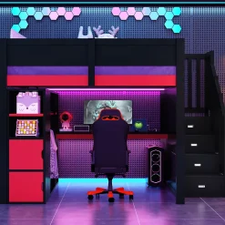 Okwish Lit Mezzanine 140x200 cm - avec Bureau Intégré, Escalier de Rangement et LED, Ports USB - MDF + Contreplaqué - Noir et Rouge Outlet