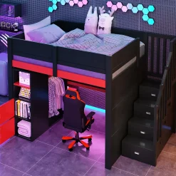 Okwish Lit Mezzanine 140x200 cm - avec Bureau Intégré, Escalier de Rangement et LED, Ports USB - MDF + Contreplaqué - Noir et Rouge Outlet