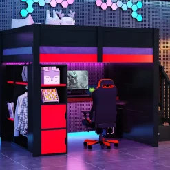 Okwish Lit Mezzanine 140x200 cm - avec Bureau Intégré, Escalier de Rangement et LED, Ports USB - MDF + Contreplaqué - Noir et Rouge Outlet