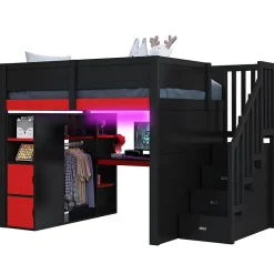 Okwish Lit Mezzanine 140x200 cm - avec Bureau Intégré, Escalier de Rangement et LED, Ports USB - MDF + Contreplaqué - Noir et Rouge Outlet