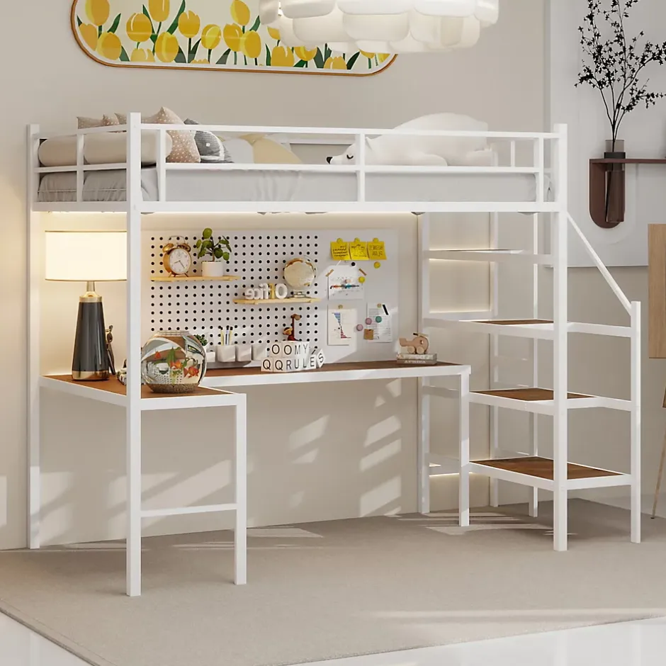 Okwish Lit Mezzanine 90x190 cm - avec Bureau en L et Escalier, Garde-Corps Continu, Structure en Métal, sans Matelas, Blanc Sale
