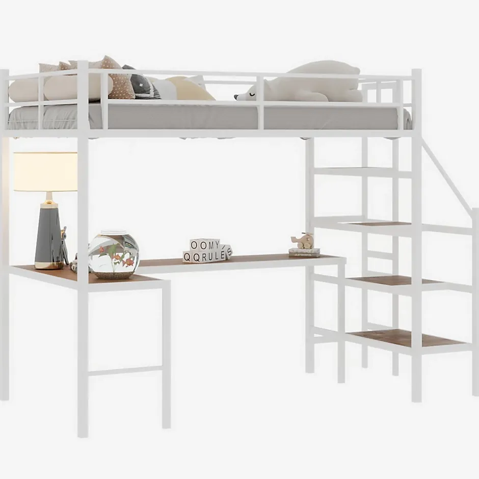 Okwish Lit Mezzanine 90x190 cm - avec Bureau en L et Escalier, Garde-Corps Continu, Structure en Métal, sans Matelas, Blanc Sale