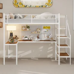 Okwish Lit Mezzanine 90x190 cm - avec Bureau en L et Escalier, Garde-Corps Continu, Structure en Métal, sans Matelas, Blanc Sale