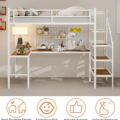 Okwish Lit Mezzanine 90x190 cm - avec Bureau en L et Escalier, Garde-Corps Continu, Structure en Métal, sans Matelas, Blanc Sale