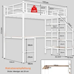 Okwish Lit Mezzanine 90x190 cm - avec Bureau en L et Escalier, Garde-Corps Continu, Structure en Métal, sans Matelas, Blanc Sale