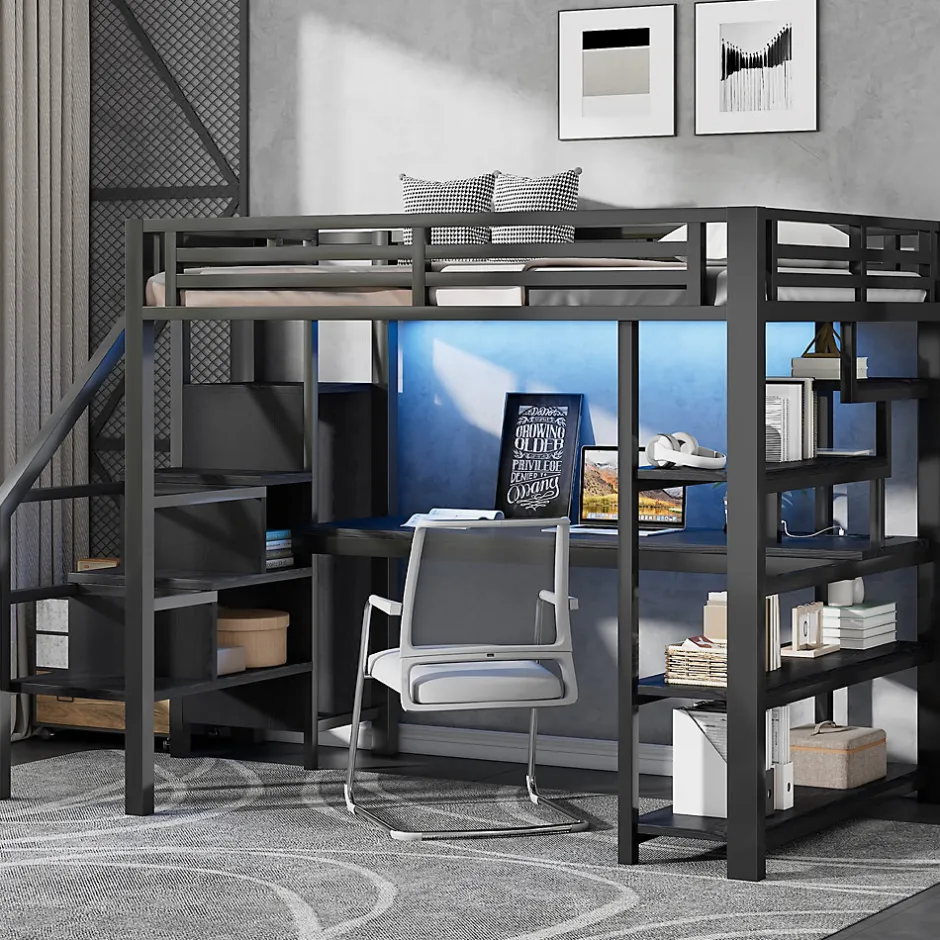 Okwish Lit Mezzanine 140x200 cm - avec Bureau Intégré et Rangement, LED et Ports USB - Métal - Noir