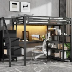 Okwish Lit Mezzanine 140x200 cm - avec Bureau Intégré et Rangement, LED et Ports USB - Métal - Noir