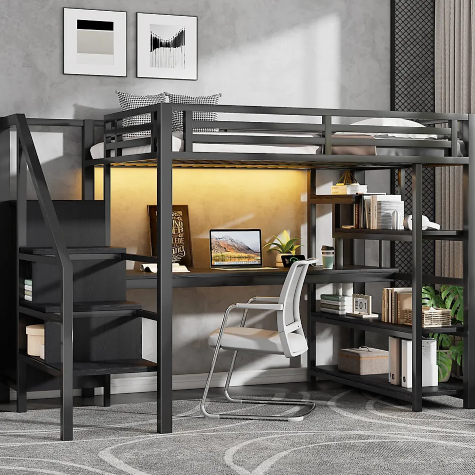 Okwish Lit Mezzanine 140x200 cm - avec Bureau Intégré et Rangement, LED et Ports USB - Métal - Noir
