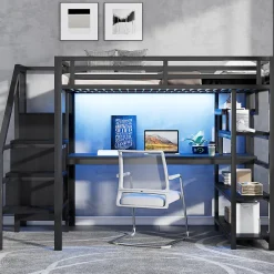 Okwish Lit Mezzanine 140x200 cm - avec Bureau Intégré et Rangement, LED et Ports USB - Métal - Noir