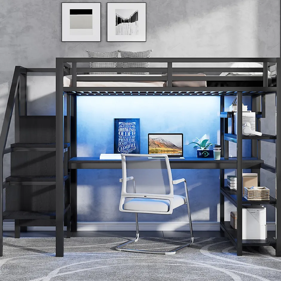 Okwish Lit Mezzanine 140x200 cm - avec Bureau Intégré et Rangement, LED et Ports USB - Métal - Noir