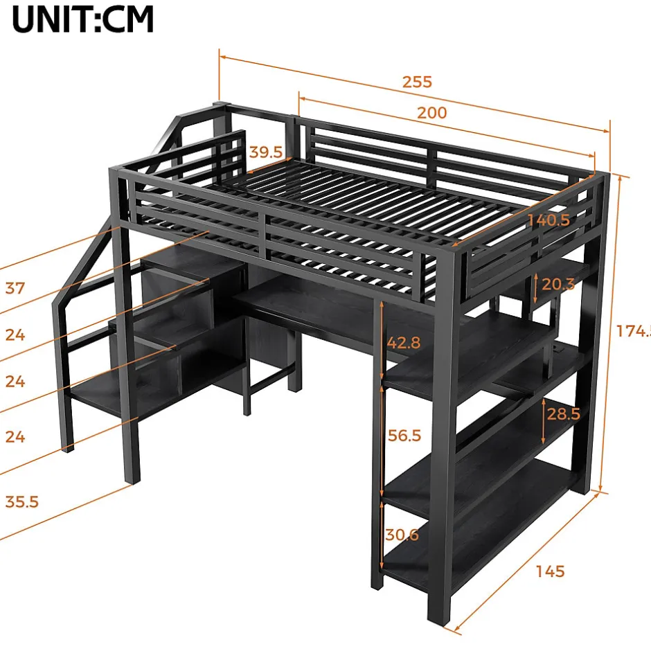 Okwish Lit Mezzanine 140x200 cm - avec Bureau Intégré et Rangement, LED et Ports USB - Métal - Noir