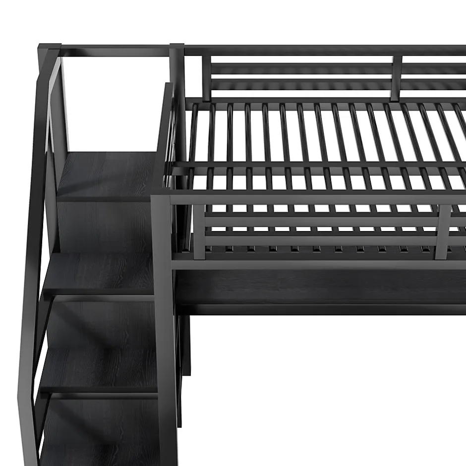 Okwish Lit Mezzanine 140x200 cm - avec Bureau Intégré et Rangement, LED et Ports USB - Métal - Noir