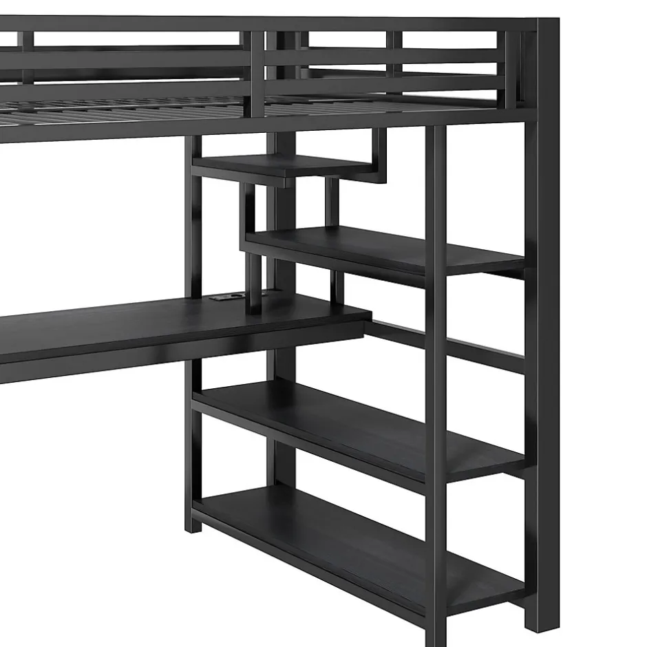 Okwish Lit Mezzanine 140x200 cm - avec Bureau Intégré et Rangement, LED et Ports USB - Métal - Noir