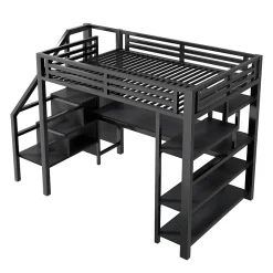 Okwish Lit Mezzanine 140x200 cm - avec Bureau Intégré et Rangement, LED et Ports USB - Métal - Noir