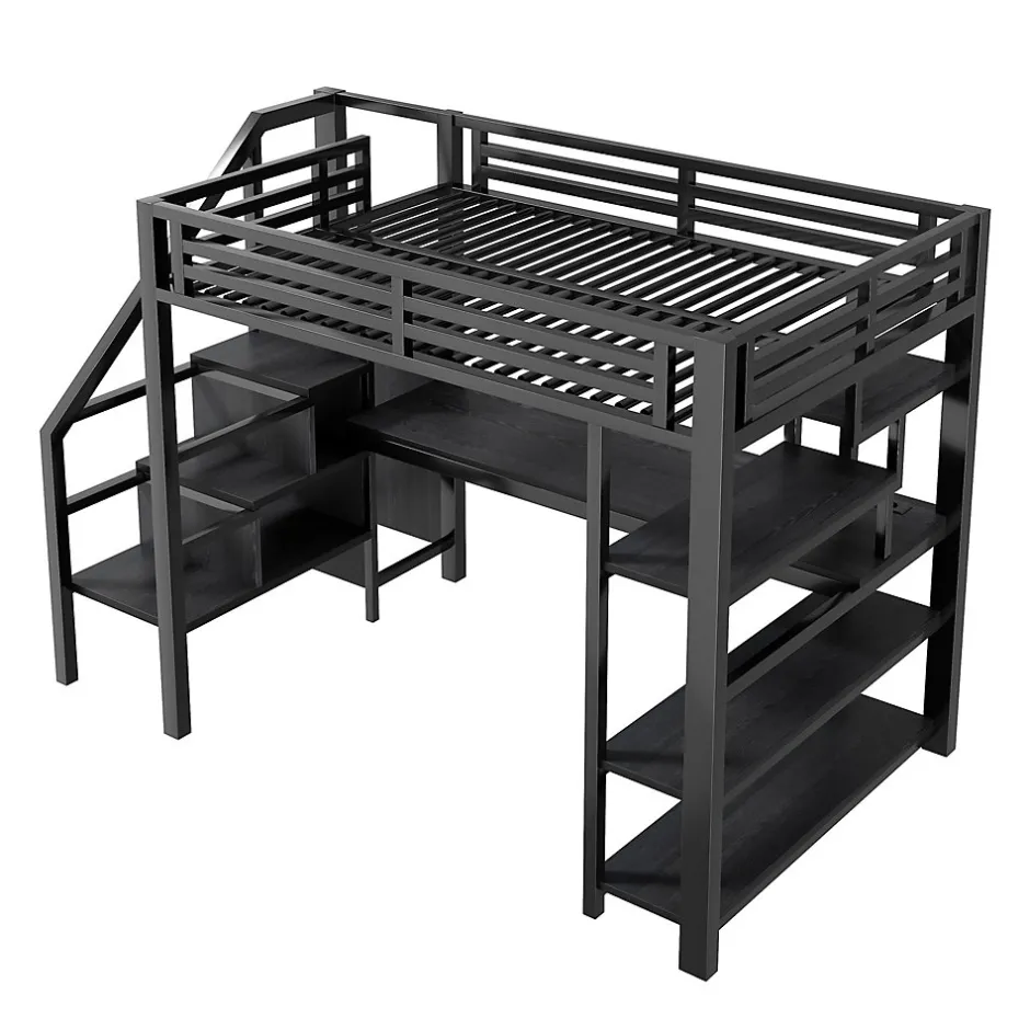 Okwish Lit Mezzanine 140x200 cm - avec Bureau Intégré et Rangement, LED et Ports USB - Métal - Noir