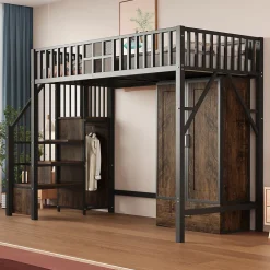 Okwish Lit Mezzanine 90x200 cm - avec Armoire, Tiroirs et Échelle de Rangement, Garde-Corps Sécurisé, Métal Noir