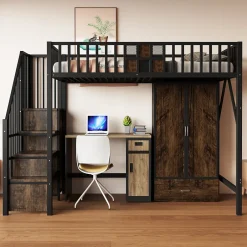 Okwish Lit Mezzanine 90x200 cm - avec Armoire, Tiroirs et Échelle de Rangement, Garde-Corps Sécurisé, Métal Noir