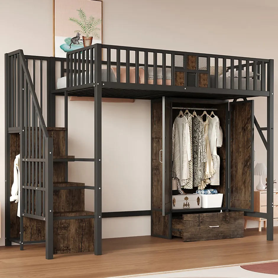 Okwish Lit Mezzanine 90x200 cm - avec Armoire, Tiroirs et Échelle de Rangement, Garde-Corps Sécurisé, Métal Noir