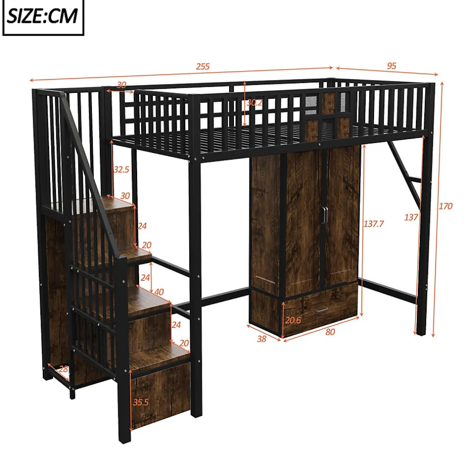 Okwish Lit Mezzanine 90x200 cm - avec Armoire, Tiroirs et Échelle de Rangement, Garde-Corps Sécurisé, Métal Noir