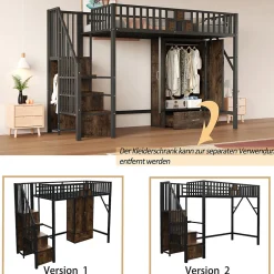 Okwish Lit Mezzanine 90x200 cm - avec Armoire, Tiroirs et Échelle de Rangement, Garde-Corps Sécurisé, Métal Noir