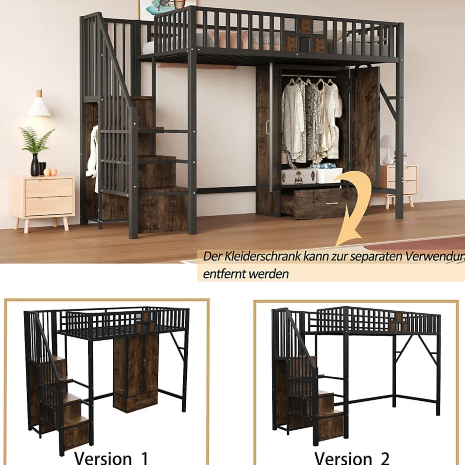 Okwish Lit Mezzanine 90x200 cm - avec Armoire, Tiroirs et Échelle de Rangement, Garde-Corps Sécurisé, Métal Noir