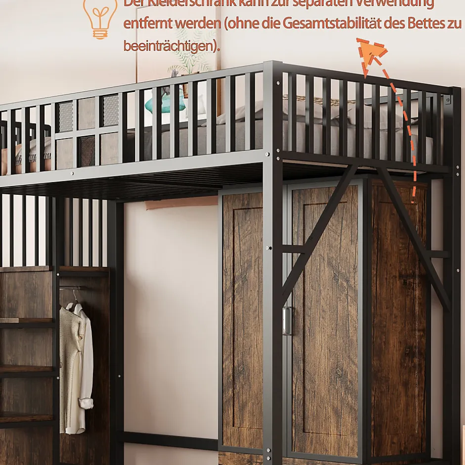 Okwish Lit Mezzanine 90x200 cm - avec Armoire, Tiroirs et Échelle de Rangement, Garde-Corps Sécurisé, Métal Noir
