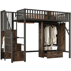Okwish Lit Mezzanine 90x200 cm - avec Armoire, Tiroirs et Échelle de Rangement, Garde-Corps Sécurisé, Métal Noir