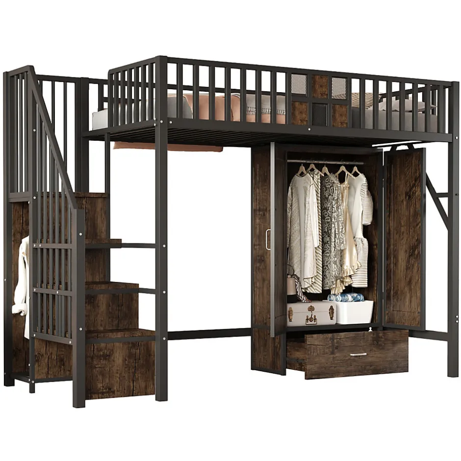 Okwish Lit Mezzanine 90x200 cm - avec Armoire, Tiroirs et Échelle de Rangement, Garde-Corps Sécurisé, Métal Noir