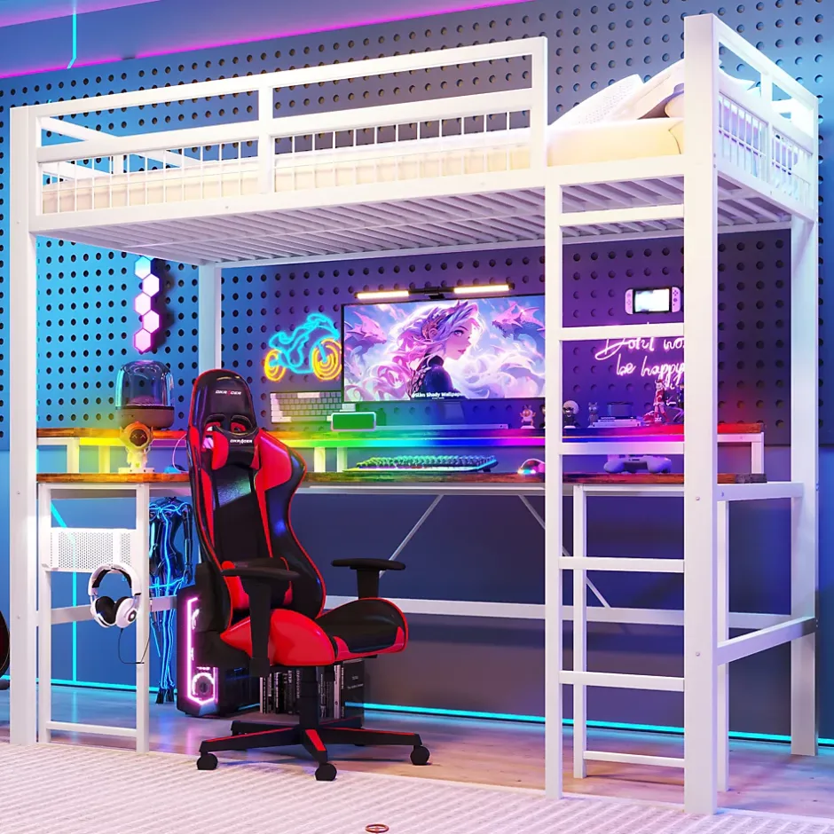 Okwish Lit Mezzanine 90x200 cm - Bureau Intégré, Éclairage LED Réglable et Panneau Perforé - USB, Type-C et 2 Prises - Métal + MDF Blanc Outlet