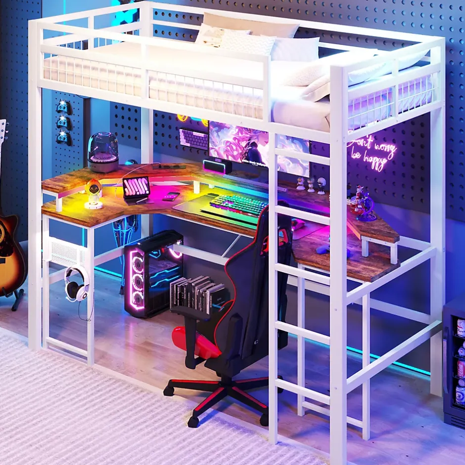 Okwish Lit Mezzanine 90x200 cm - Bureau Intégré, Éclairage LED Réglable et Panneau Perforé - USB, Type-C et 2 Prises - Métal + MDF Blanc Outlet