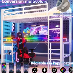 Okwish Lit Mezzanine 90x200 cm - Bureau Intégré, Éclairage LED Réglable et Panneau Perforé - USB, Type-C et 2 Prises - Métal + MDF Blanc Outlet